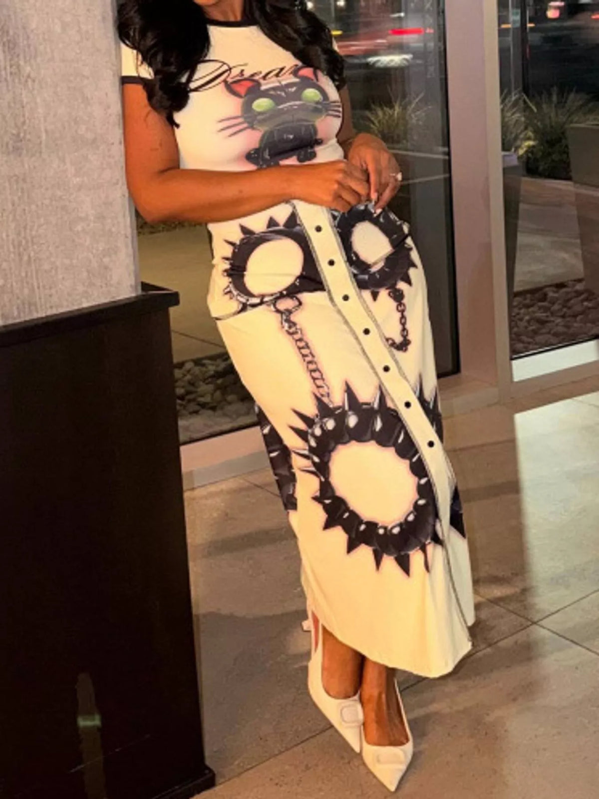 Cat Print Bodycon Maxi Dress in Off-White