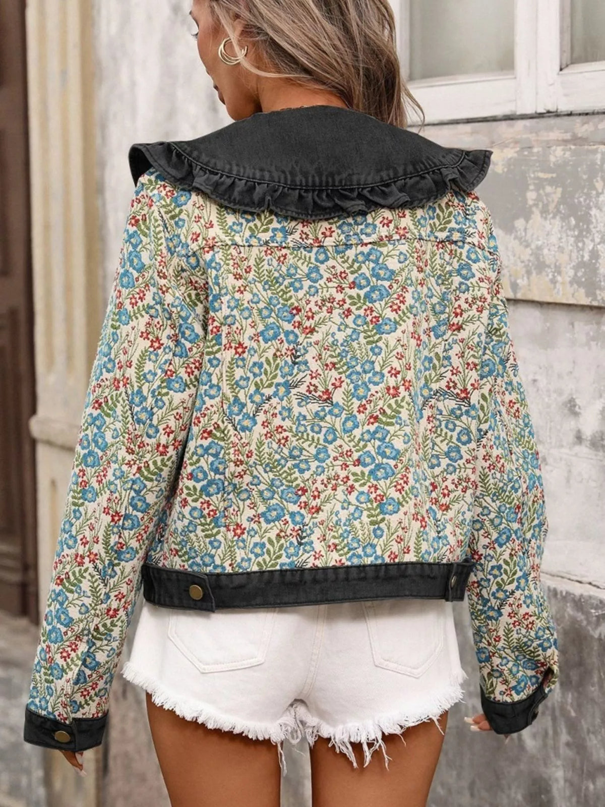 Ruffle Collar Denim Jacket by Moni Wear