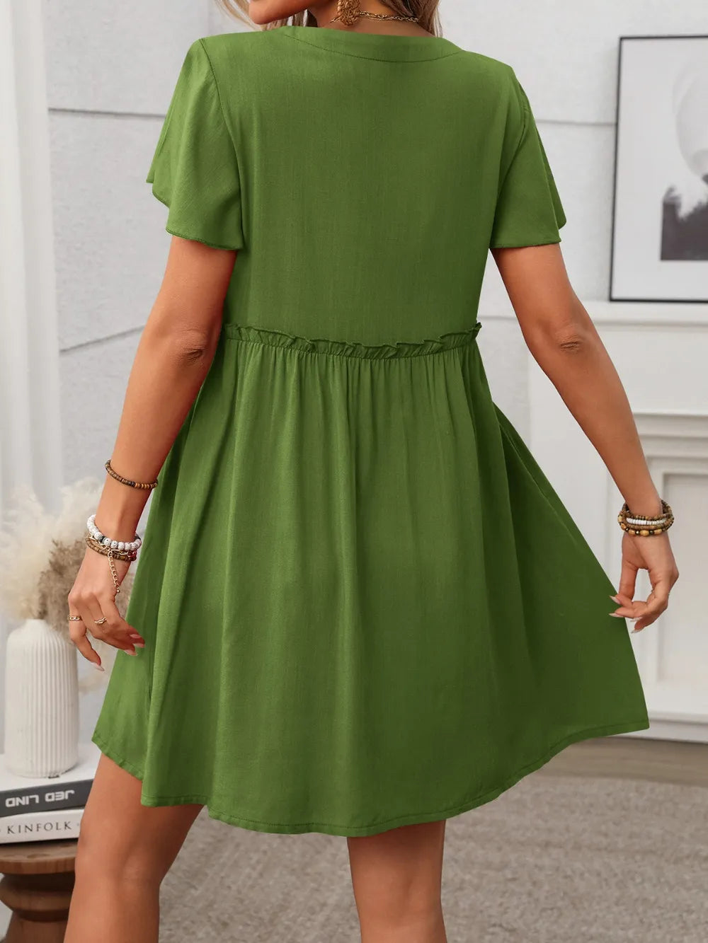Button Front Flutter Sleeve Dress with Frill Detail