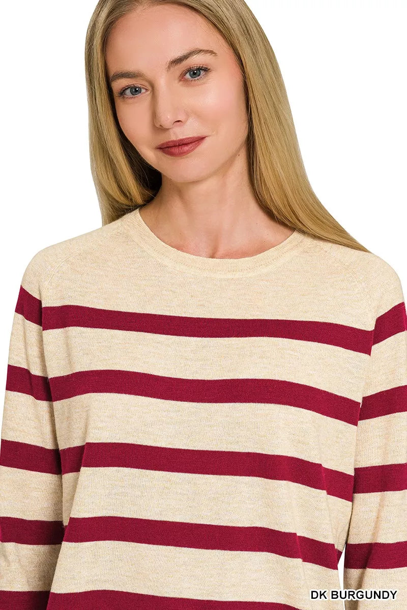 Zenana Striped Round Neck Sweater in Dark Burgundy in Dk burgundy