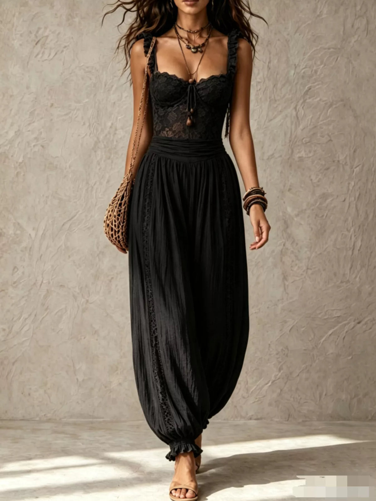 Boho Lace Corset Jumpsuit with Harem Pants