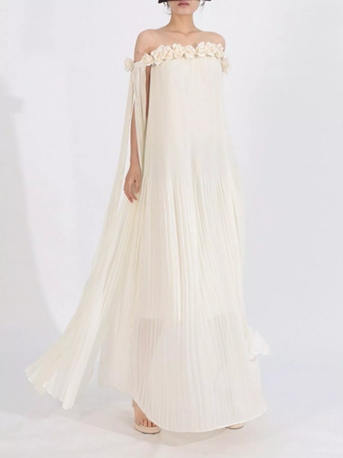Off-Shoulder Pleated Floral Maxi Dress