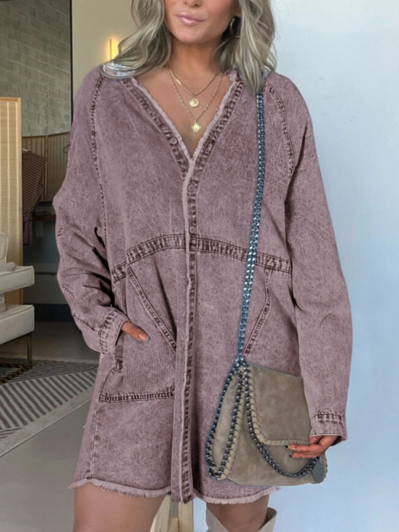 Oversized Button-Front Denim Shirt Dress