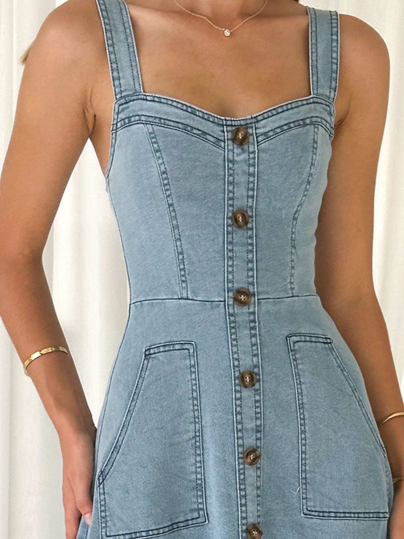 Decorative Button Front A-Line Denim Dress in Light Blue