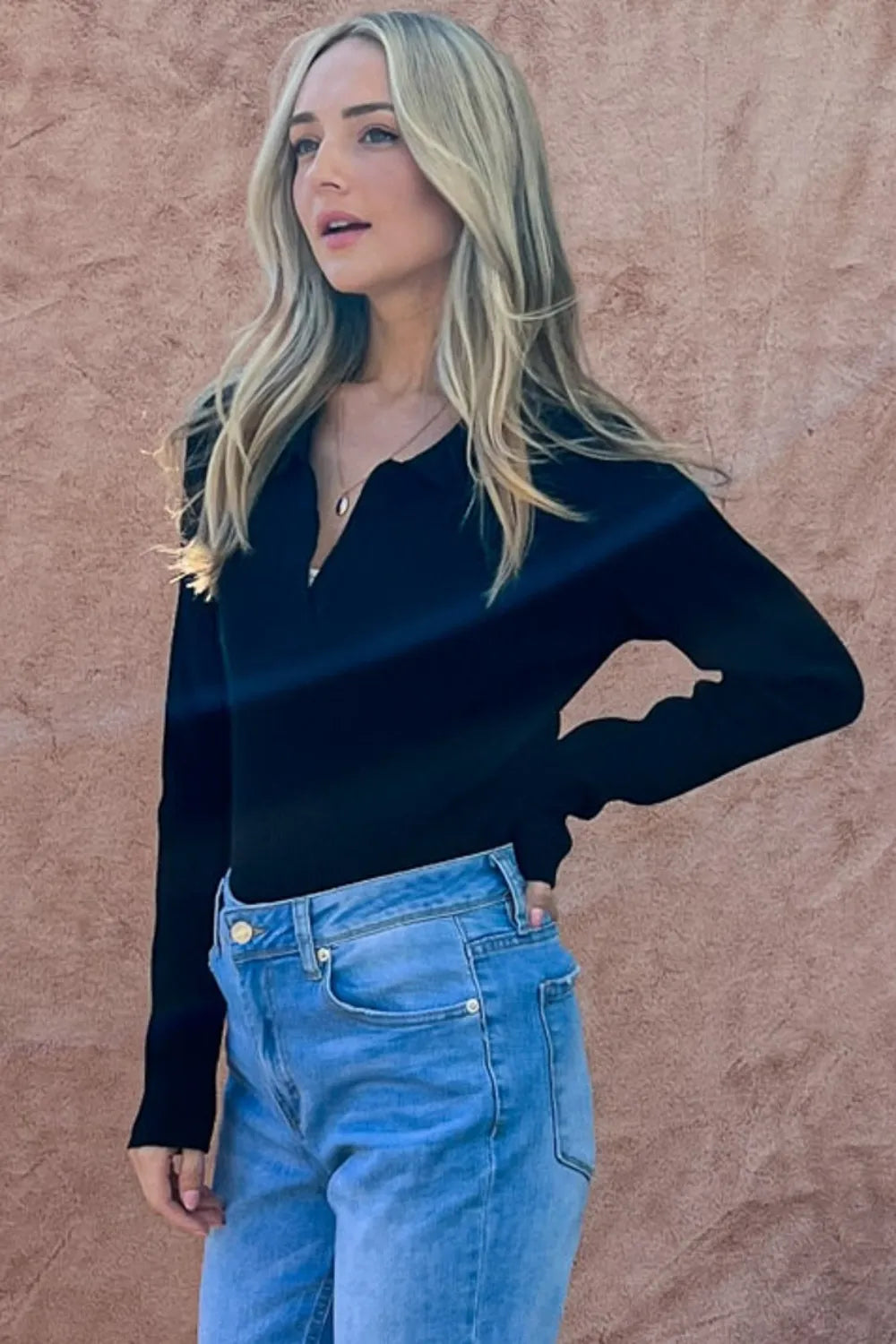 And The Why Johnny Collar Ribbed Bodysuit in Black
