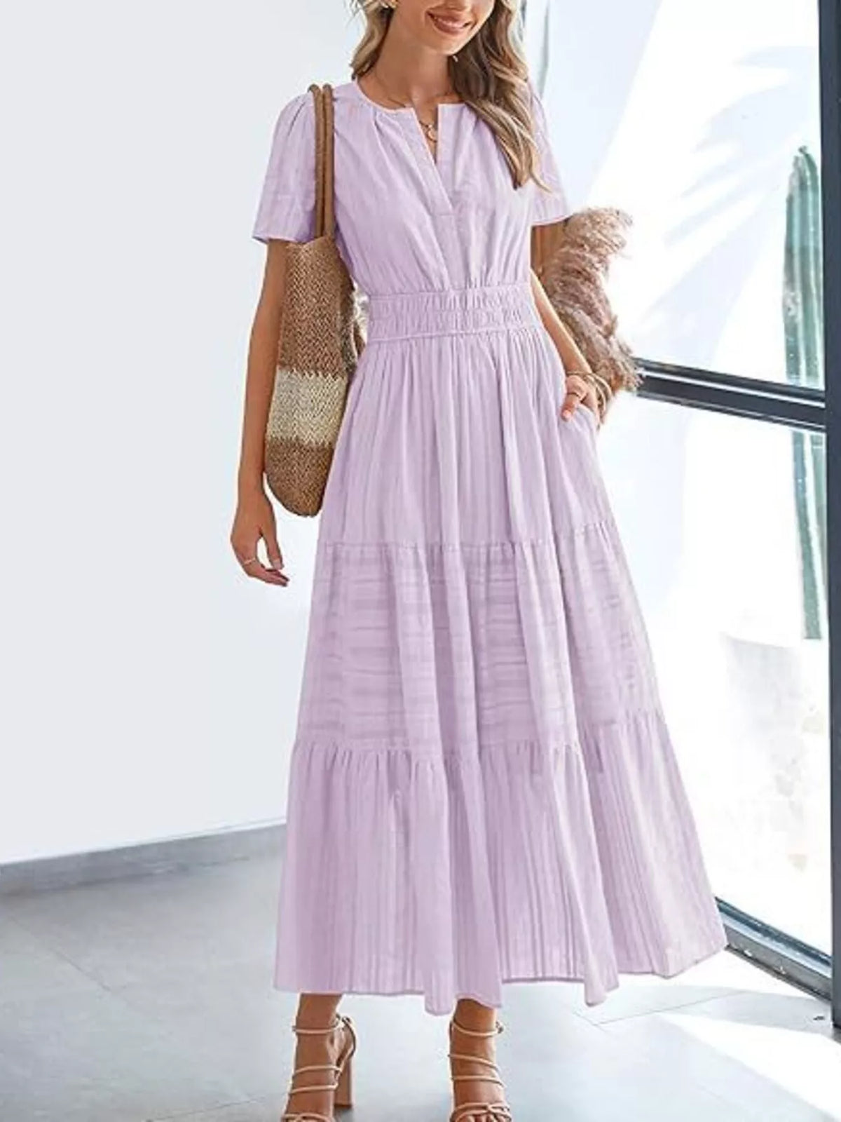 Short Sleeve Tiered Midi Dress with Pockets