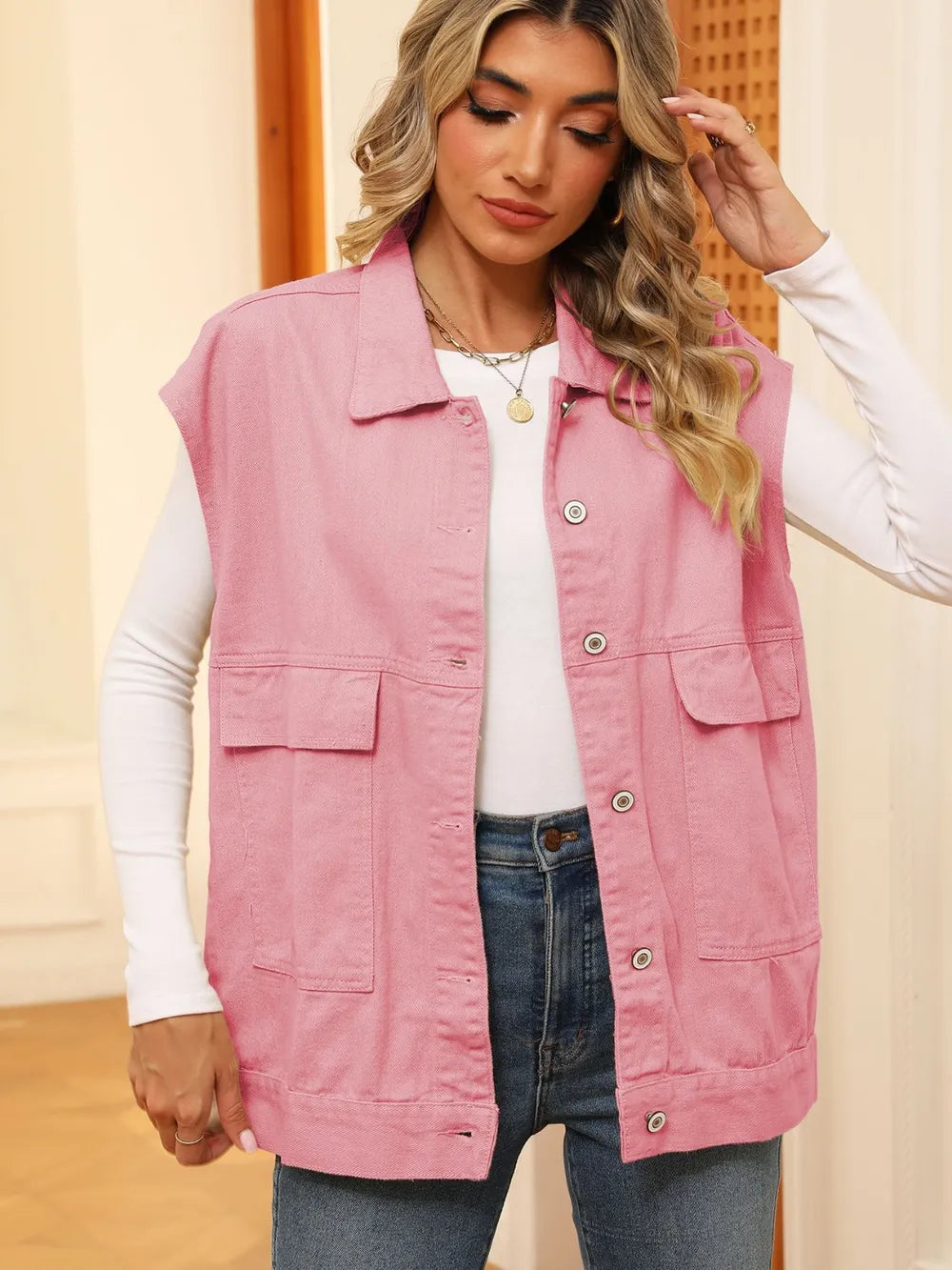 Pocketed Button Up Sleeveless Denim Jacket by Manny