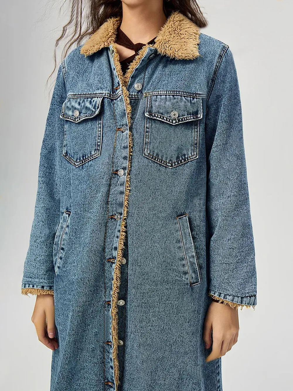 Fur Lined Denim Jacket in Medium Wash