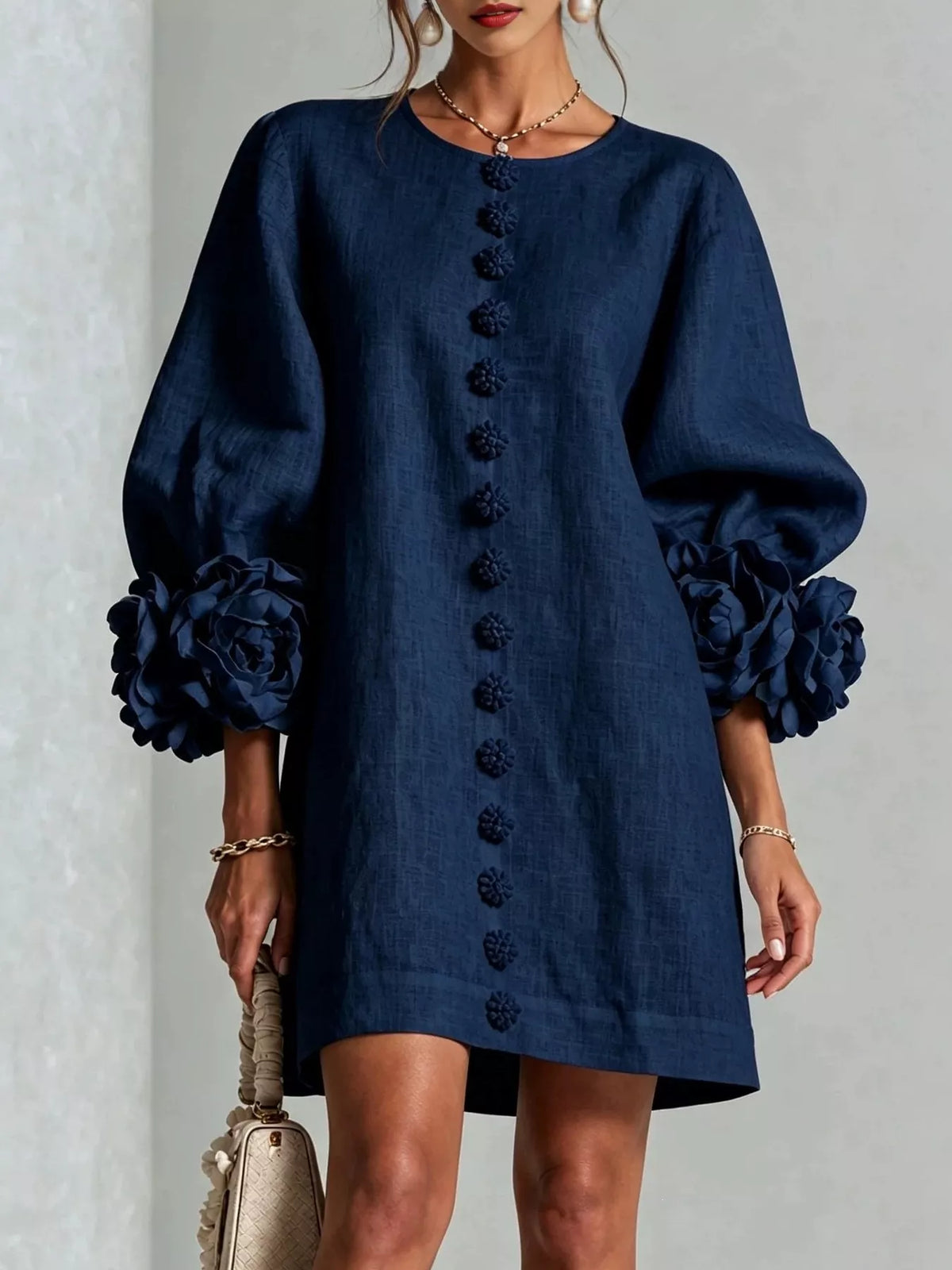 3D Floral Sleeve Round Neck Dress, Plus Size