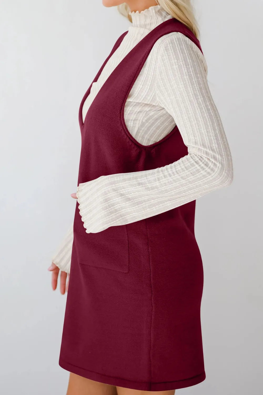 Pocketed V-Neck Sweater Overall Dress