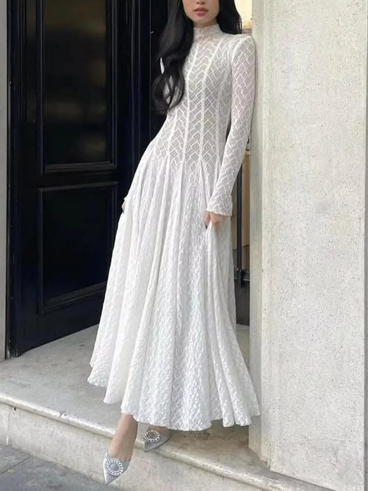 Lace Mock Neck Long Sleeve Maxi Dress in White