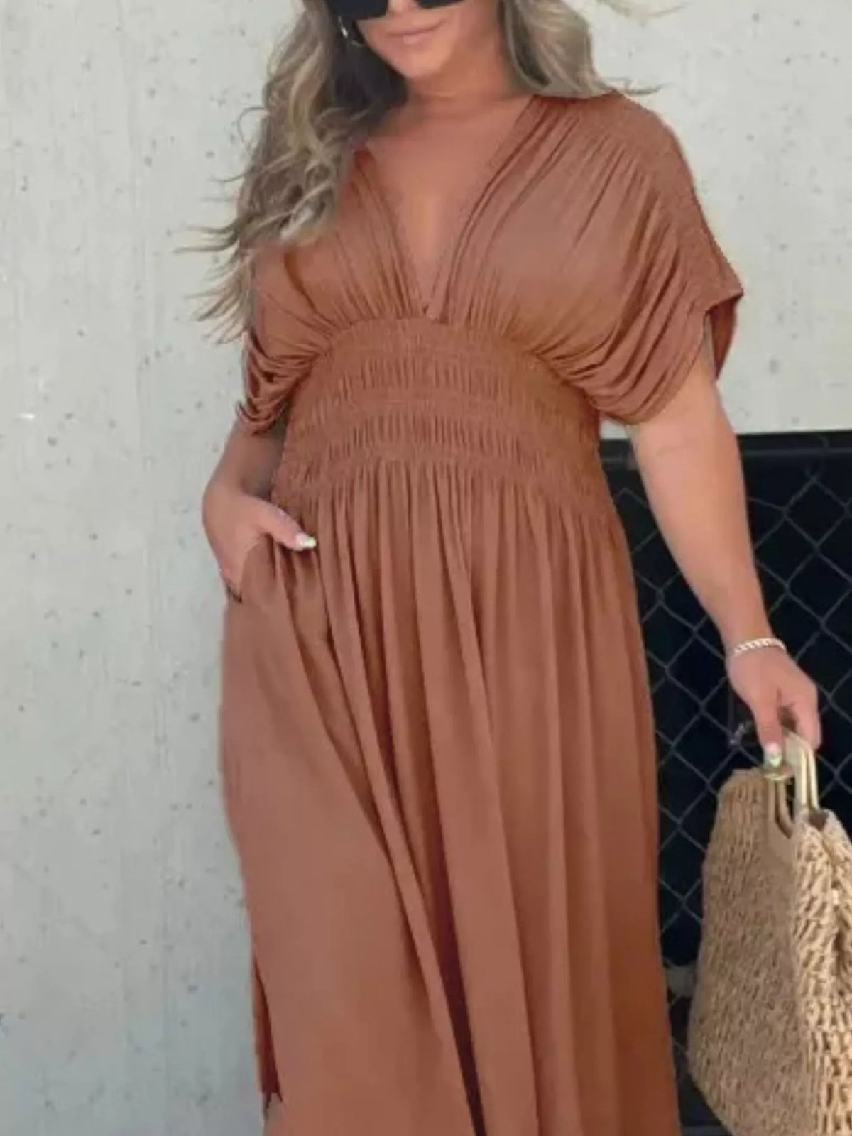 Smocked Waist V-Neck Slit Maxi Dress