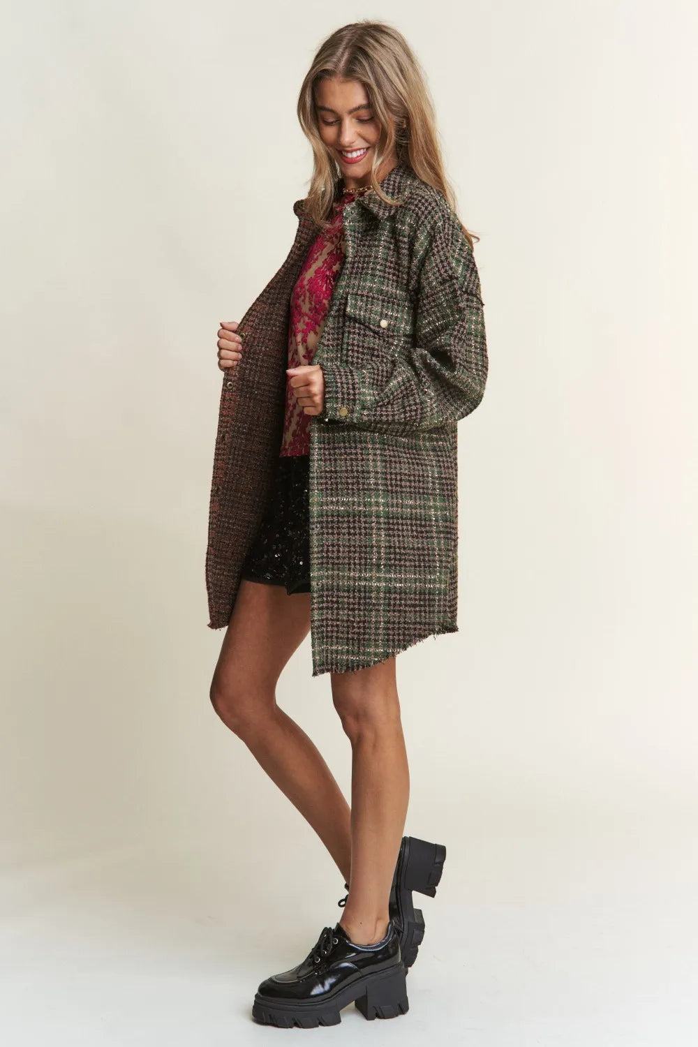 Tweed Plaid Longline Shacket in Misty Forest by J.NNA