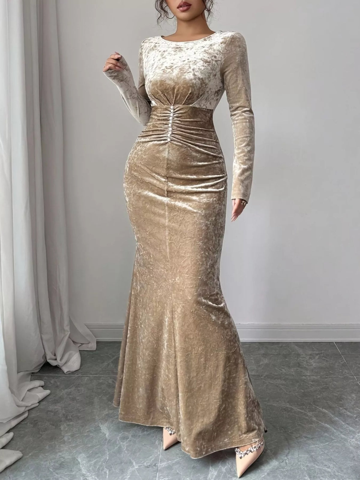 Velvet Ruched Bodycon Maxi Dress in Khaki
