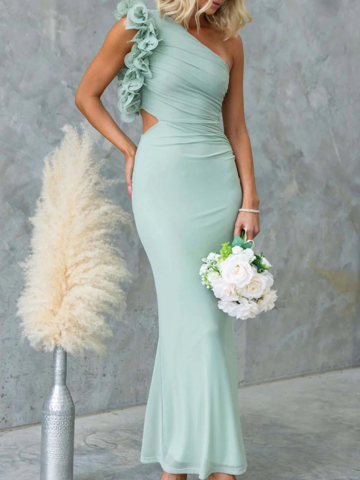 One-Shoulder Floral Trim Maxi Dress