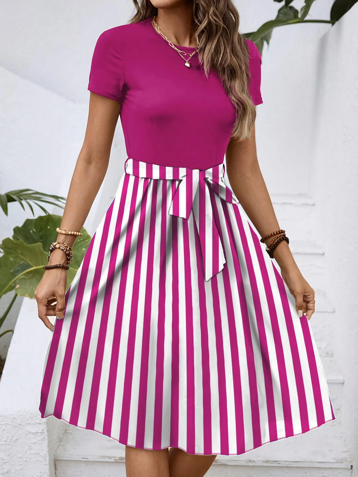 Striped Round-Neck Tie-Detail Dress by Classic Comfort