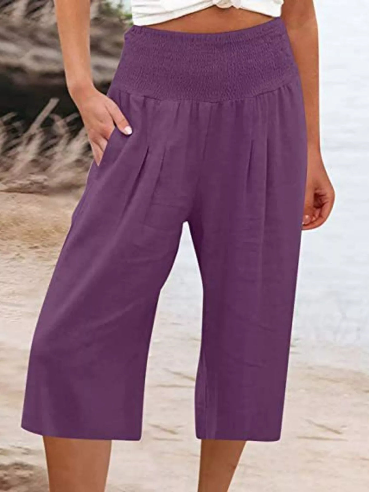Smocked Wide-Leg Capri Pants