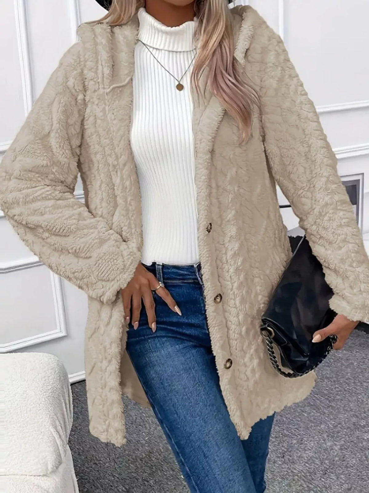Cozy Cable-Knit Faux Fur Hooded Jacket