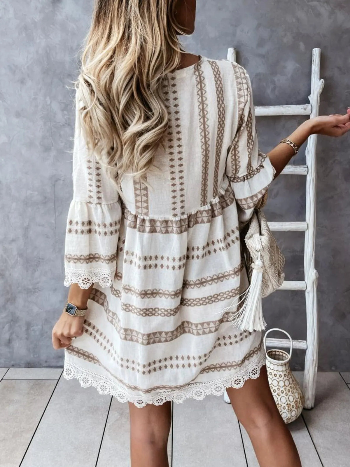 Striped V-Neck Lace Trim Babydoll Dress