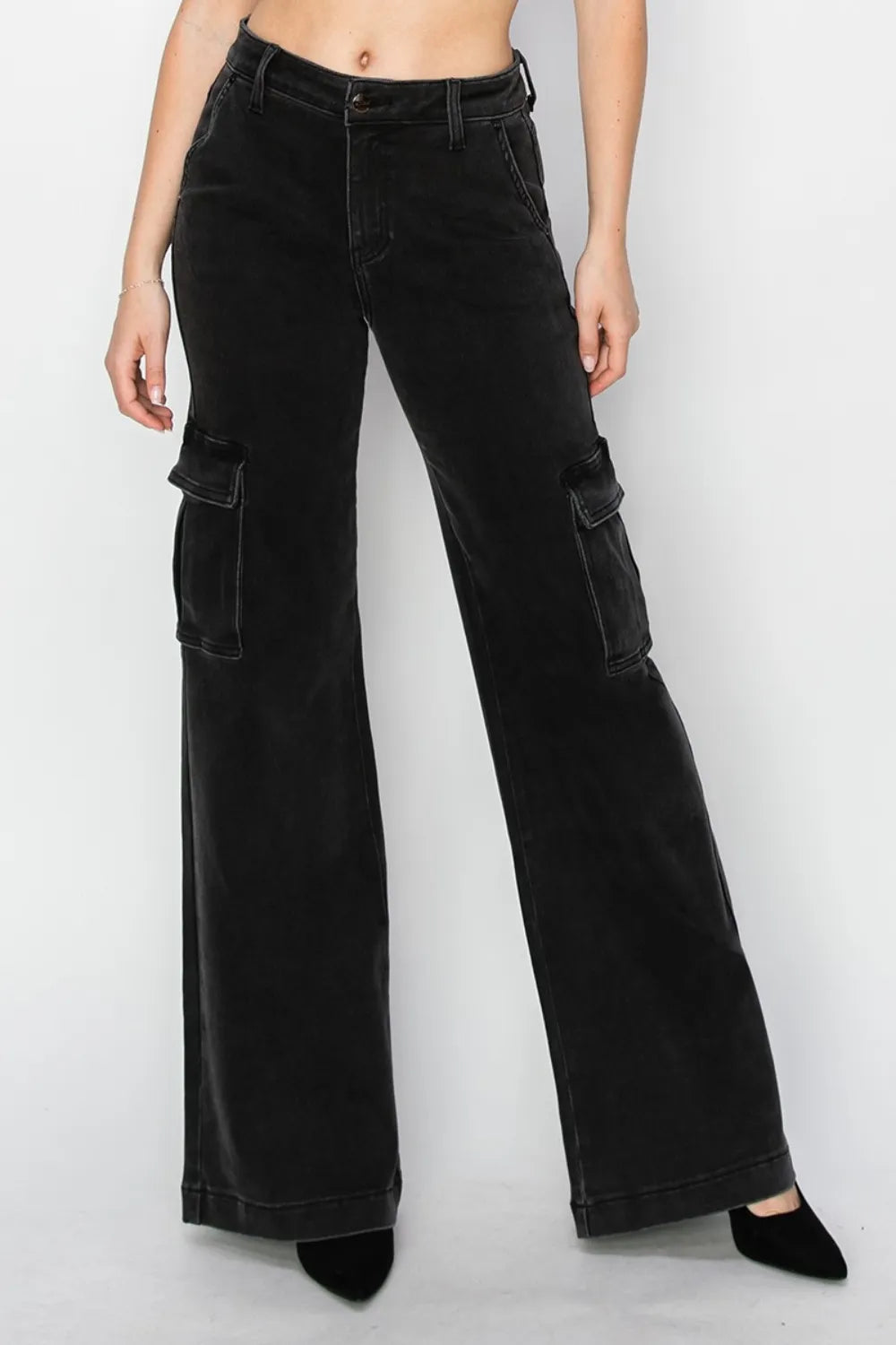 Risen High Rise Wide Leg Cargo Jeans in Black