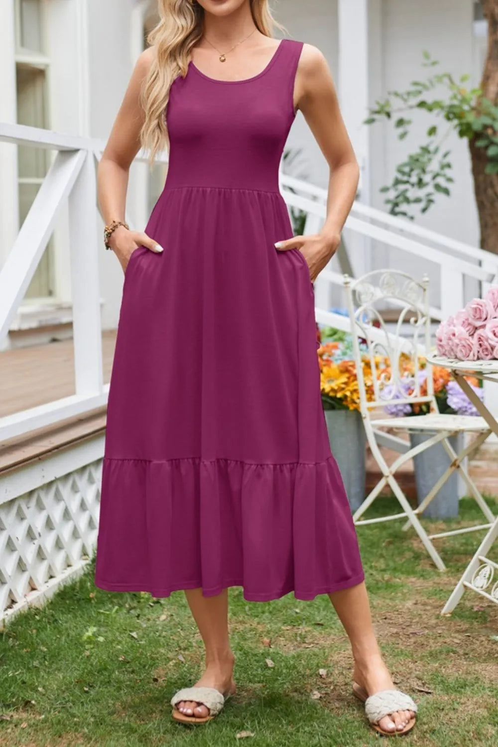 Round Neck Wide Strap Tank Dress by Gen Beauty