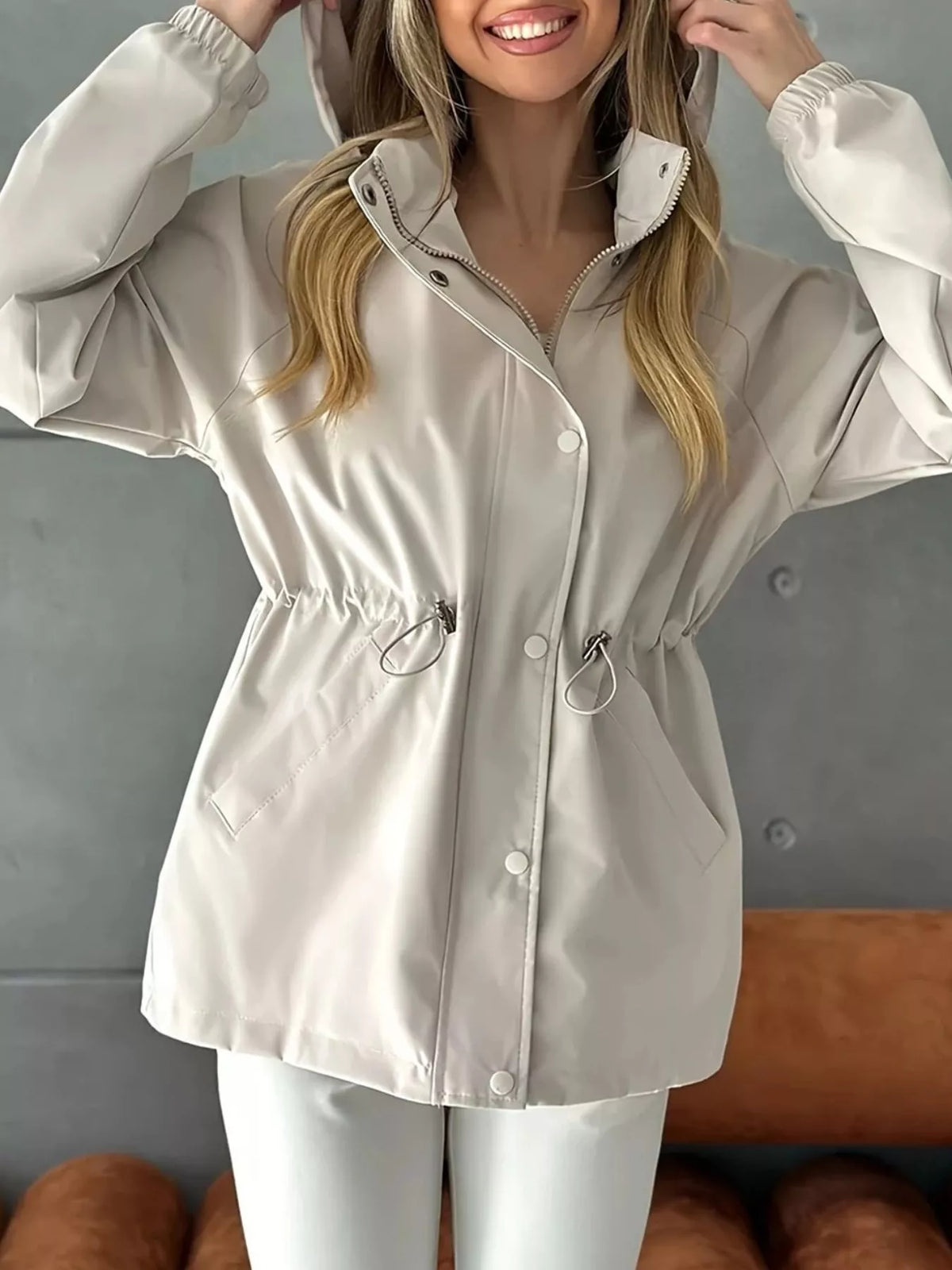 Hooded Drawstring Waist Windbreaker Jacket