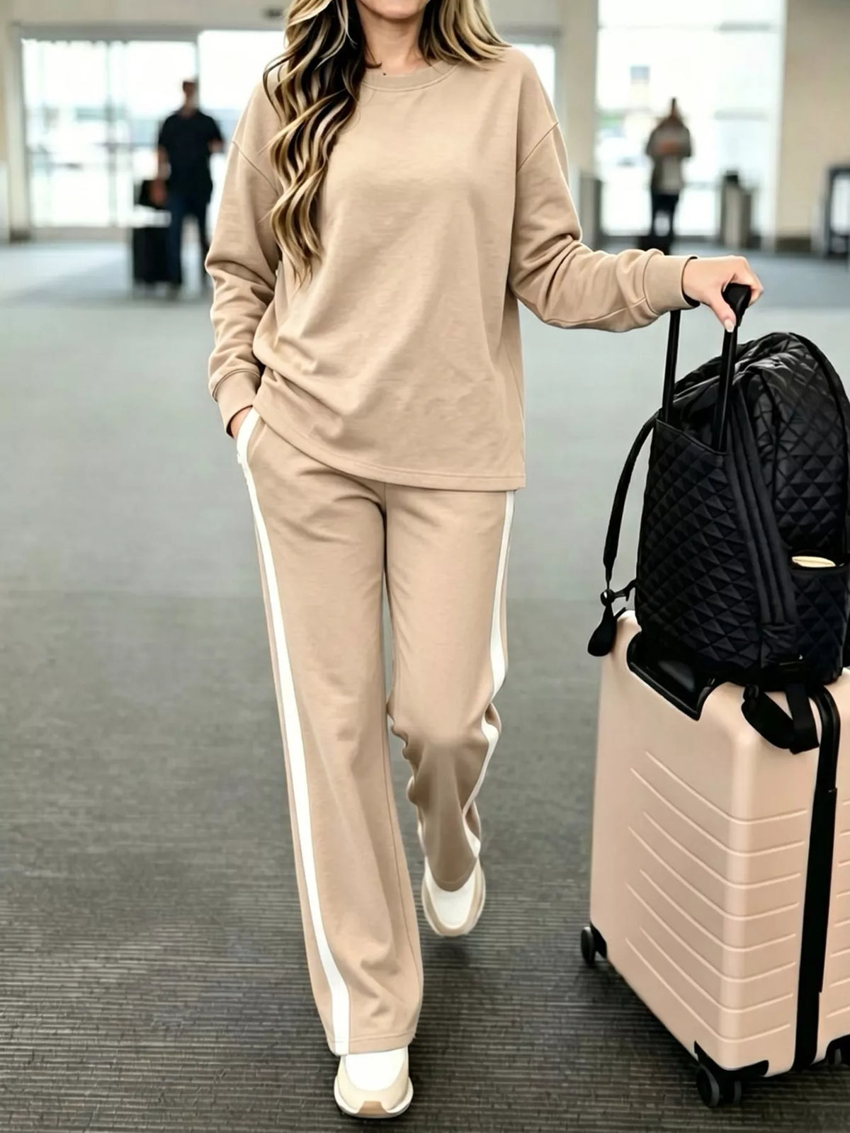 Dropped Shoulder Top and Pants Set in Khaki