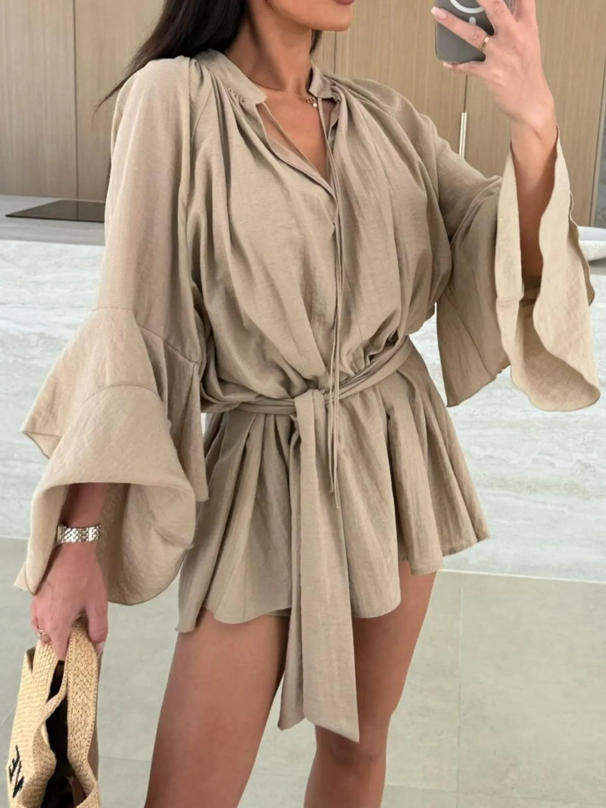 Bell Sleeve Tie-Waist Mini Shirt Dress