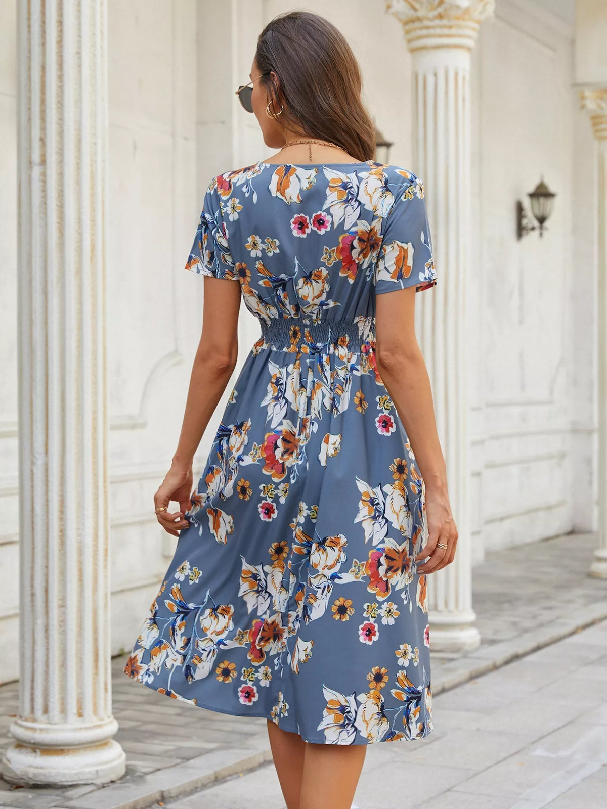 Smocked Printed Short-Sleeve Midi Dress