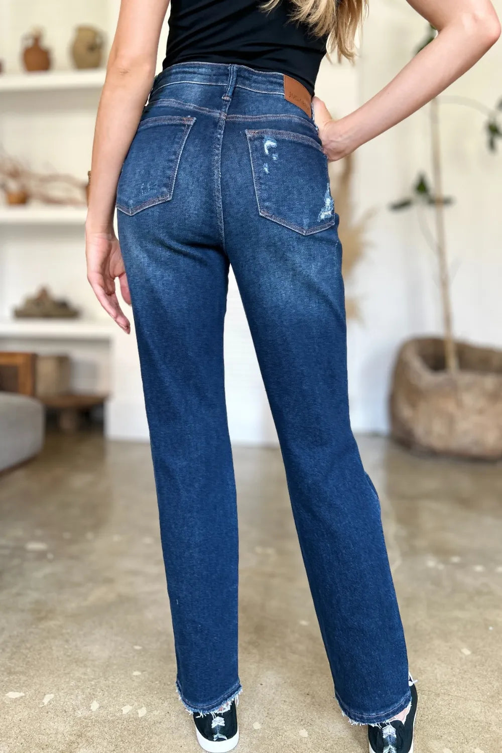 Judy Blue High Waist Heavy Destroy Straight Jeans in Dark