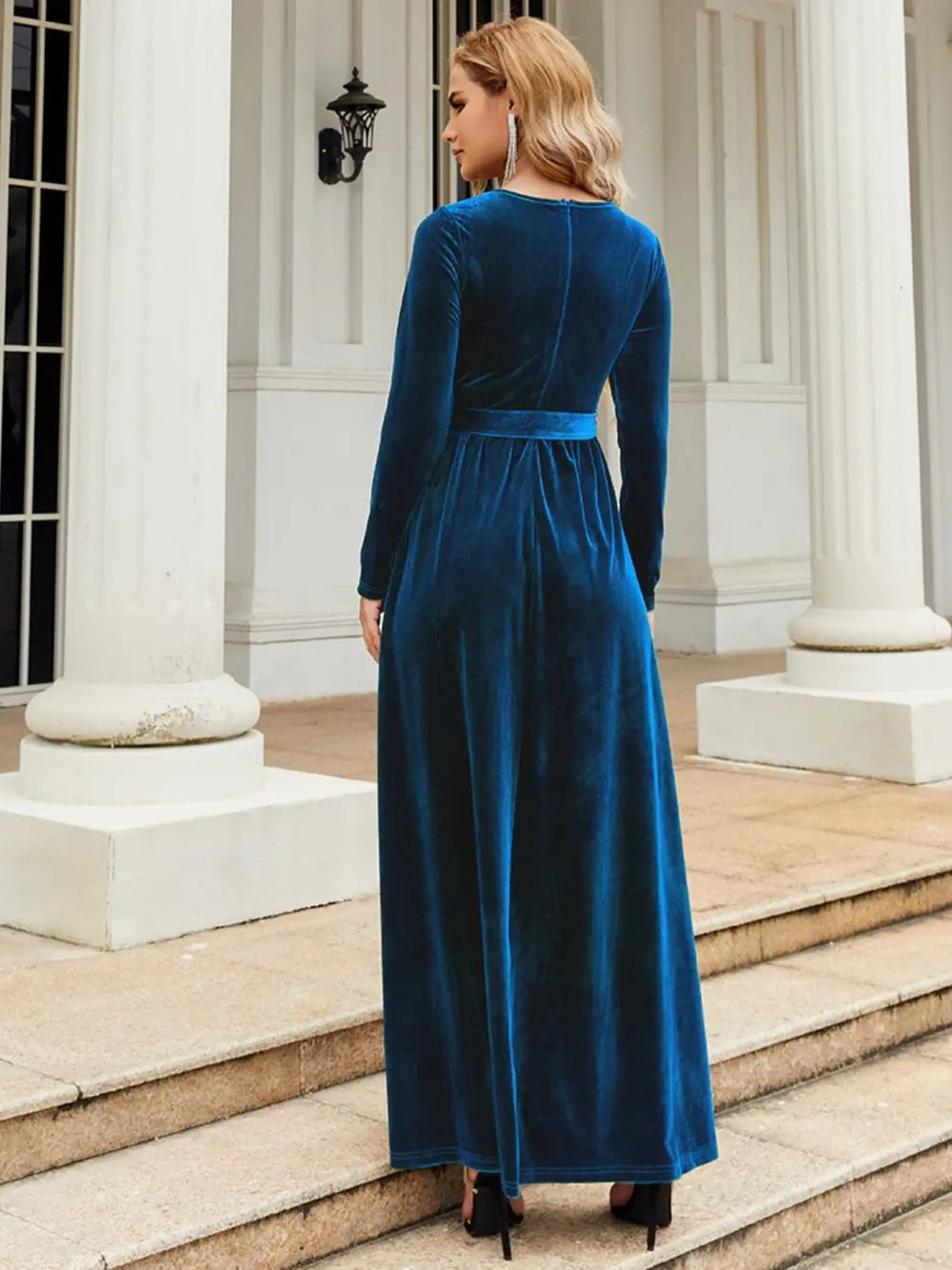 Tie-Front Round-Neck Long-Sleeve Maxi Dress