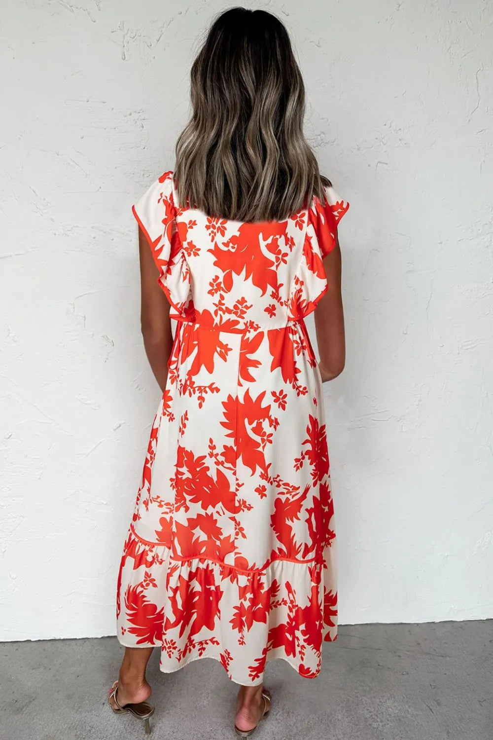 Floral V-Neck Midi Dress in Orange