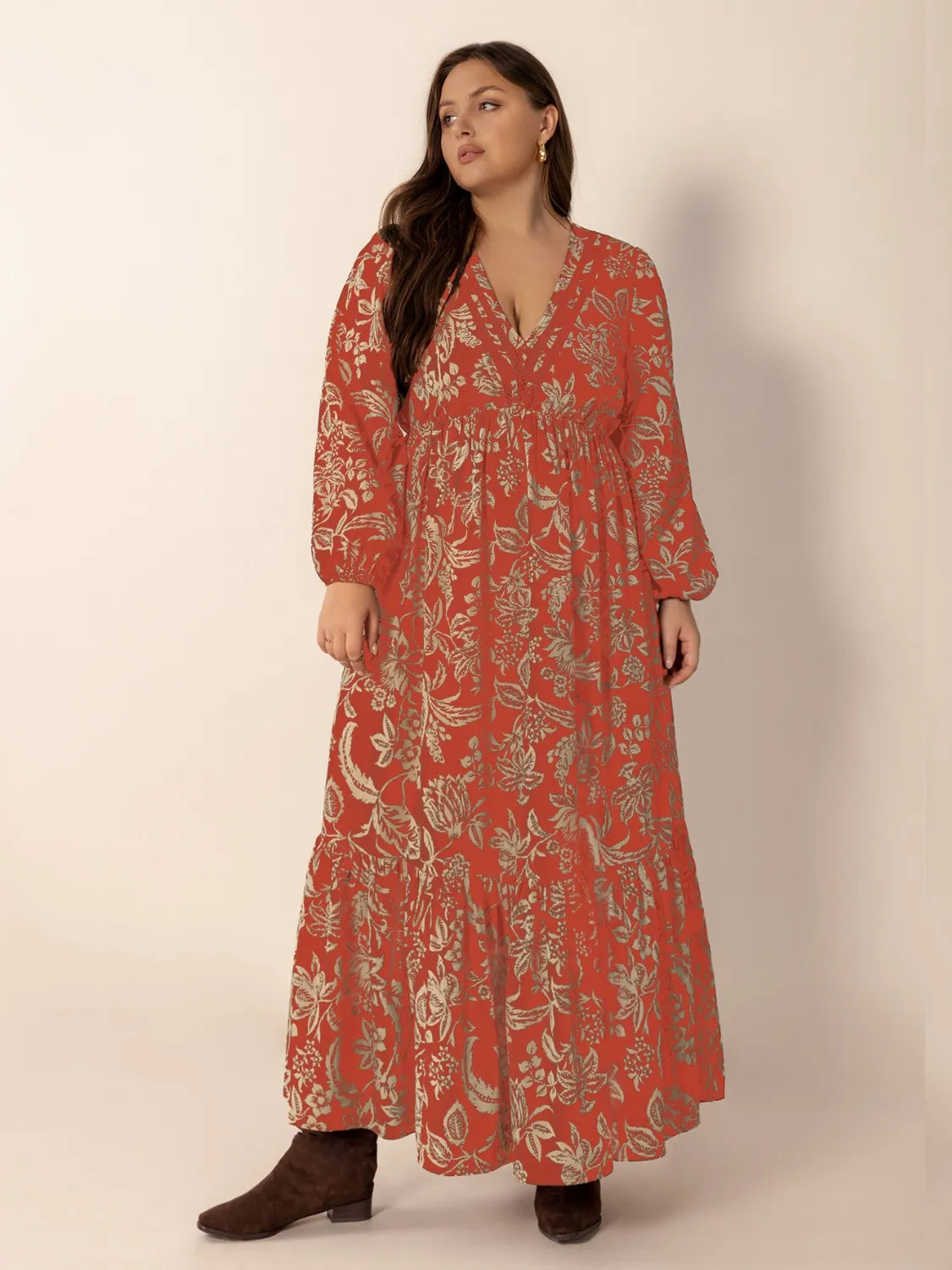 Ruched Lace Detail Midi Dress in Orange-Red