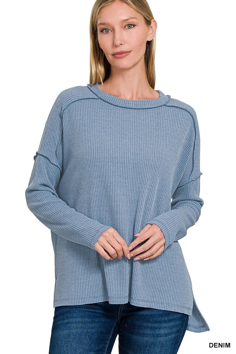 Zenana Ribbed Drop Shoulder Sweater in Denim