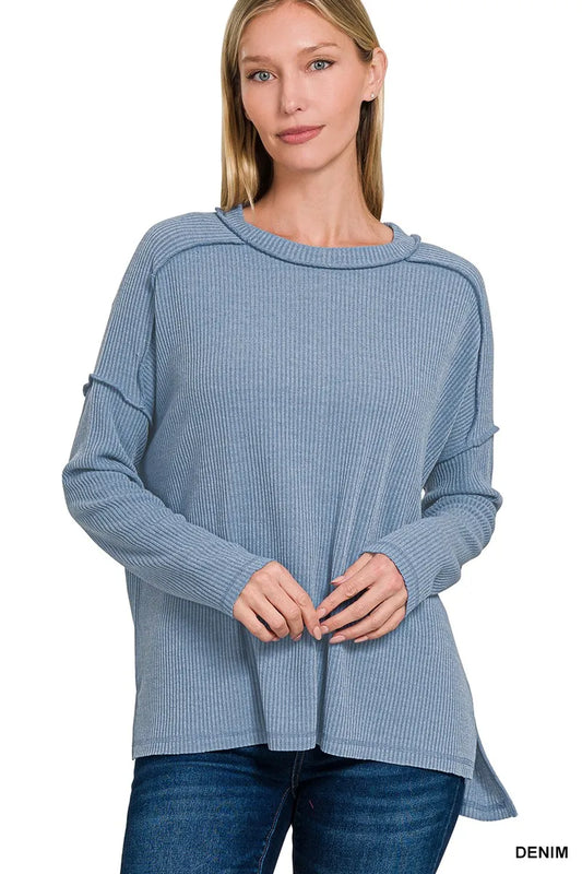 Zenana Ribbed Drop Shoulder Sweater in Denim