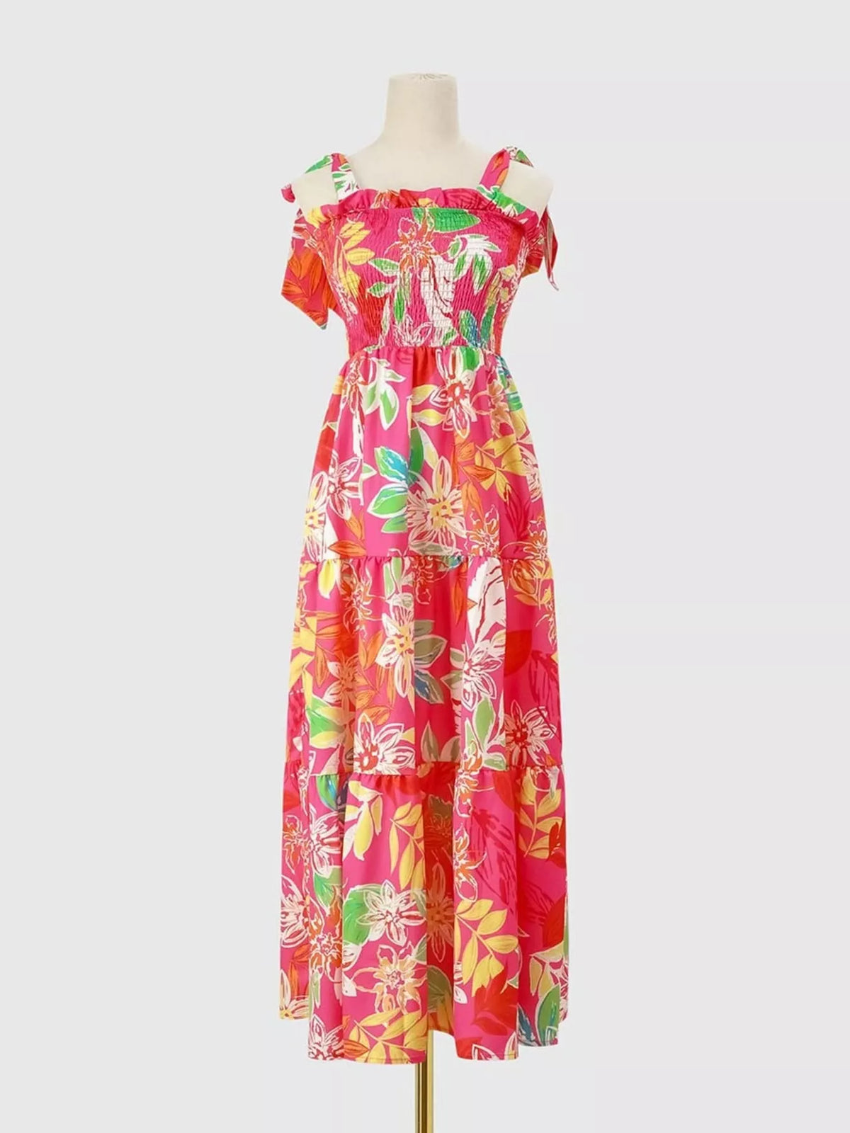 Tropical Print Smocked Tie-Strap Dress in Green