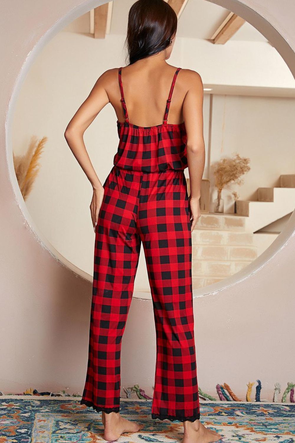 Plaid Lace-Trim Spaghetti Strap Jumpsuit in Red