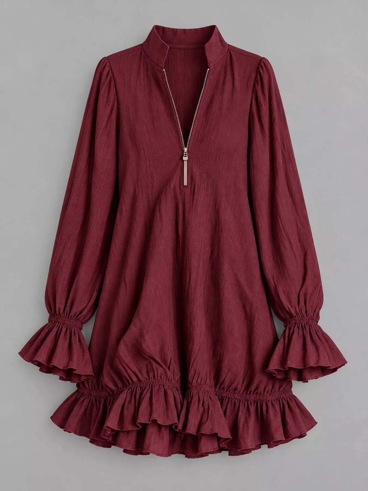 Zipper-Front Ruffle Hem Mini Dress