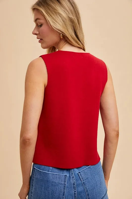 Annie Wear Metal Button Crop Sweater Vest in Red