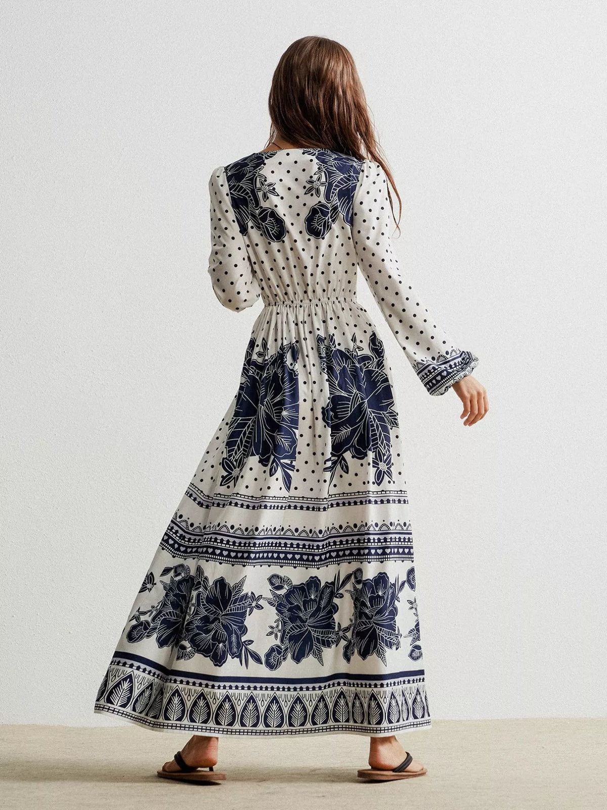 Ruched Floral Long Sleeve Maxi Dress in Indigo