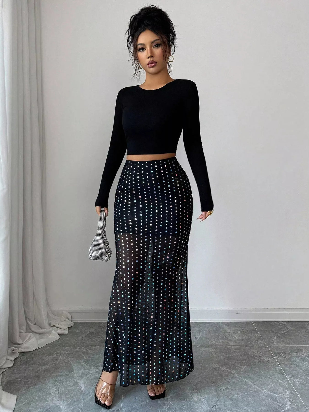 Sheer Polka Dot Maxi Skirt in Black