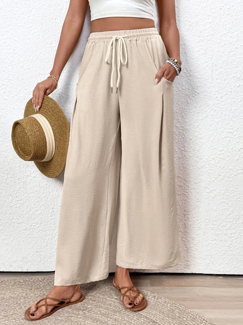 Drawstring Wide Leg Pants in Tan