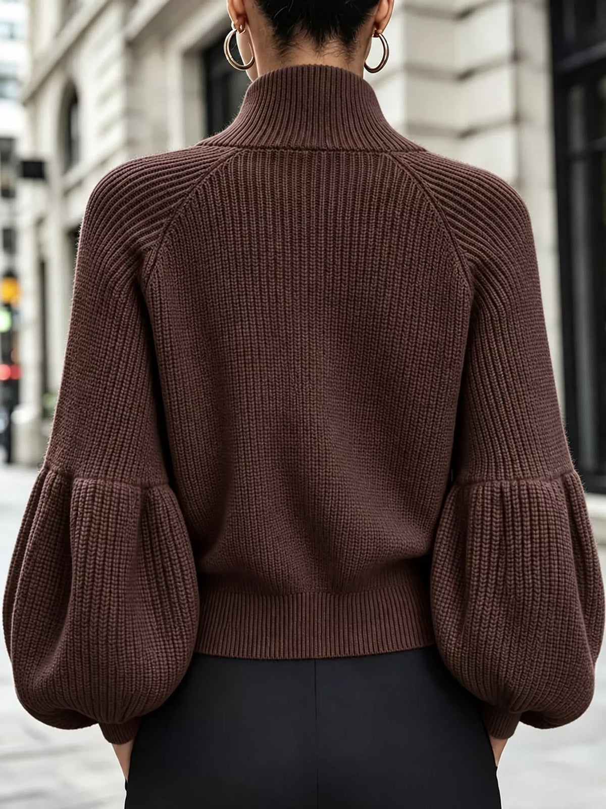 Ribbed Knit Zip-Up Cardigan with Lantern Sleeves