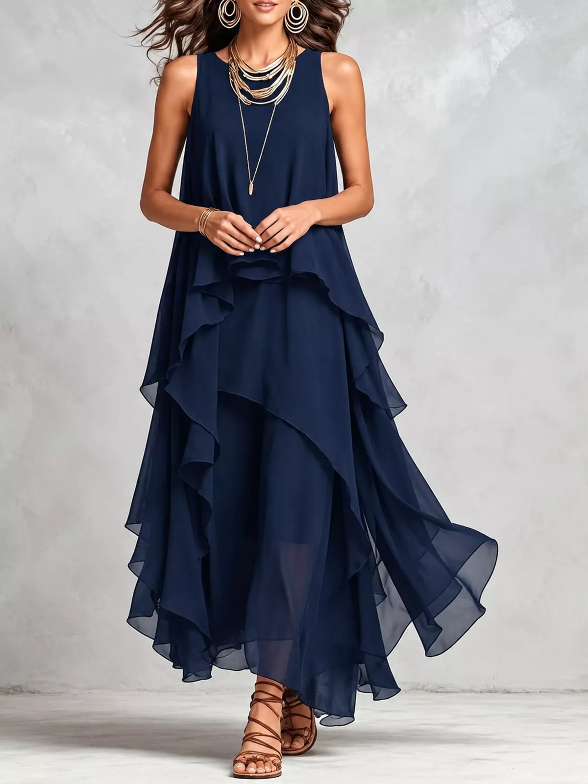 Ruffled Round-Neck Sleeveless Maxi Dress