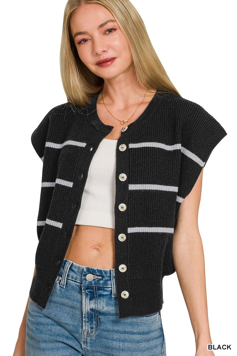 Zenana Striped Button-Down Sweater Vest in Black