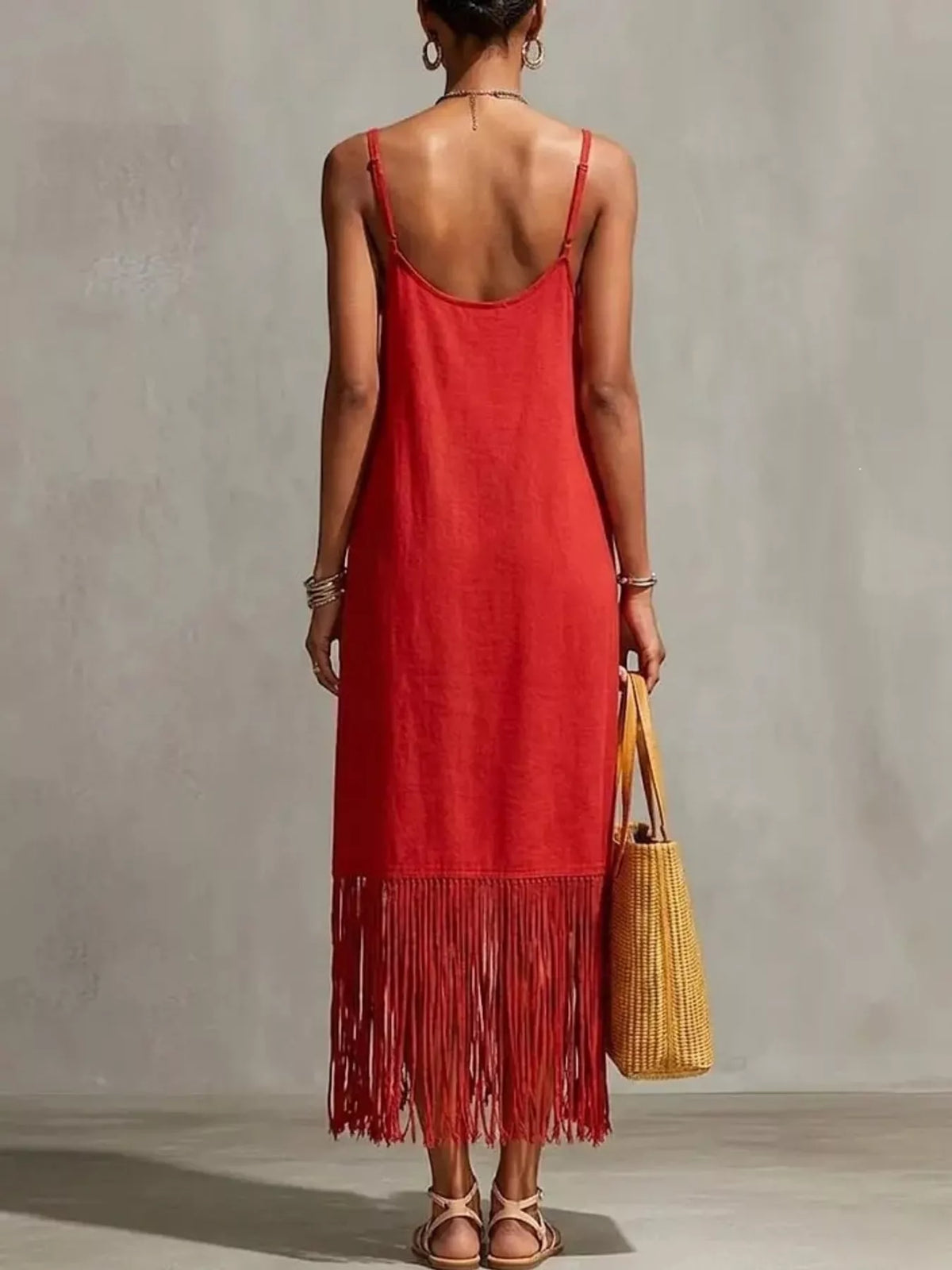 Fringe V-Neck Spaghetti Strap Dress in Blue