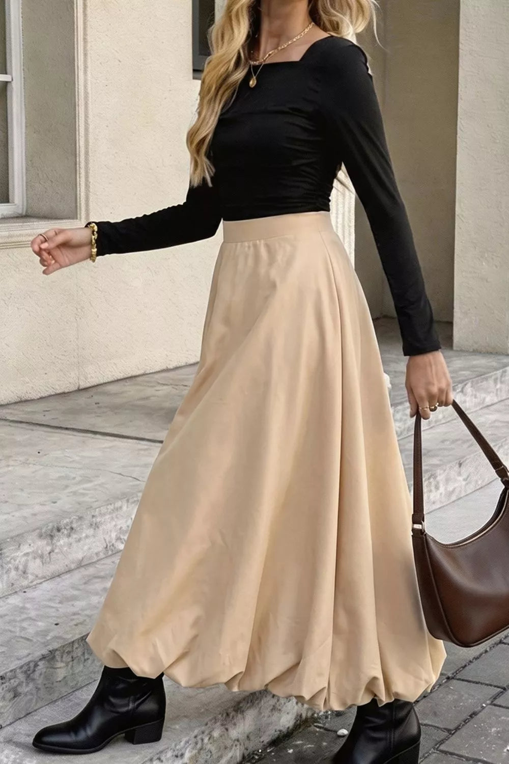 High-Waisted Ruched A-Line Midi Skirt in Tan