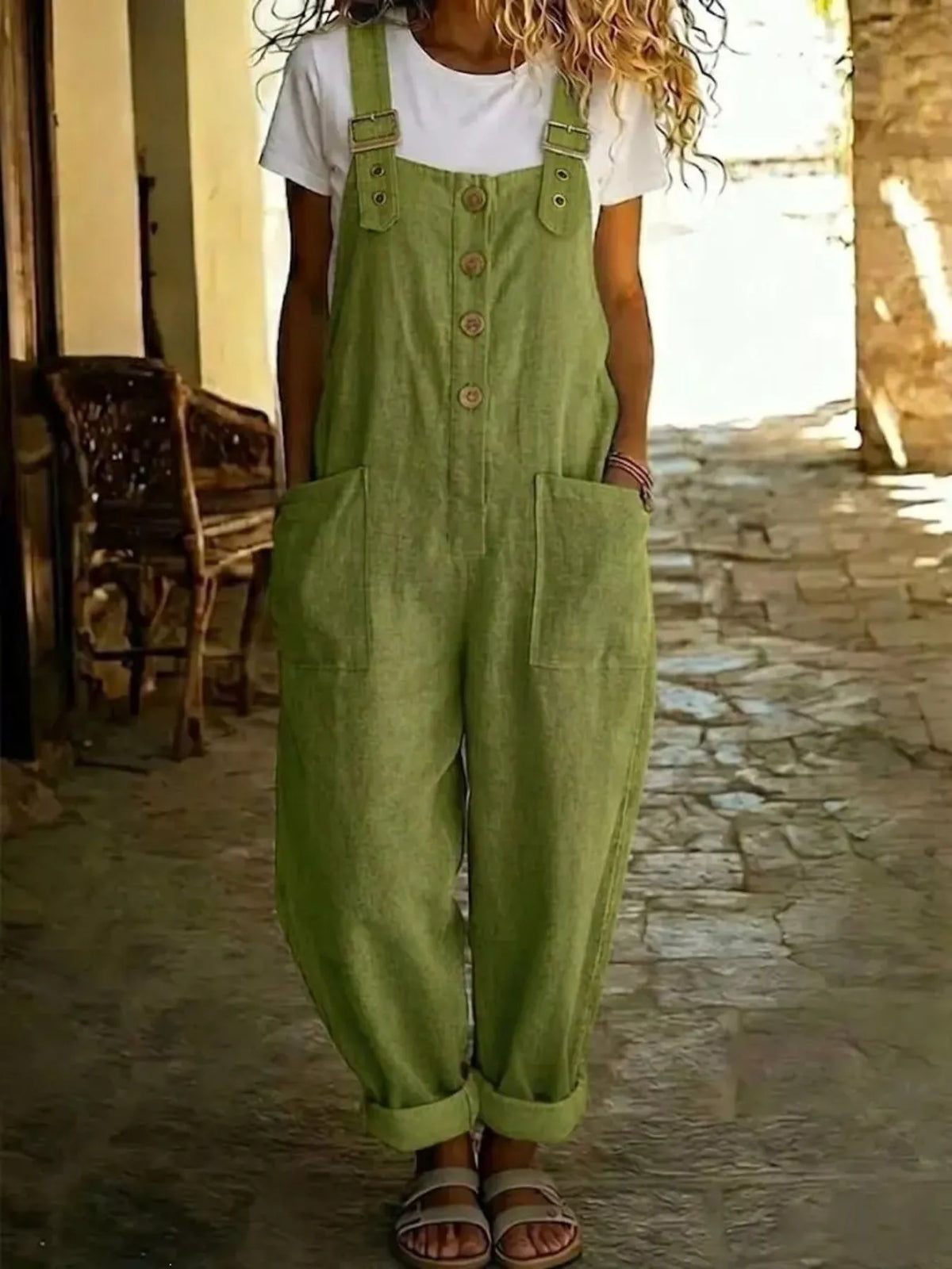 Button Front Wide Leg Overalls