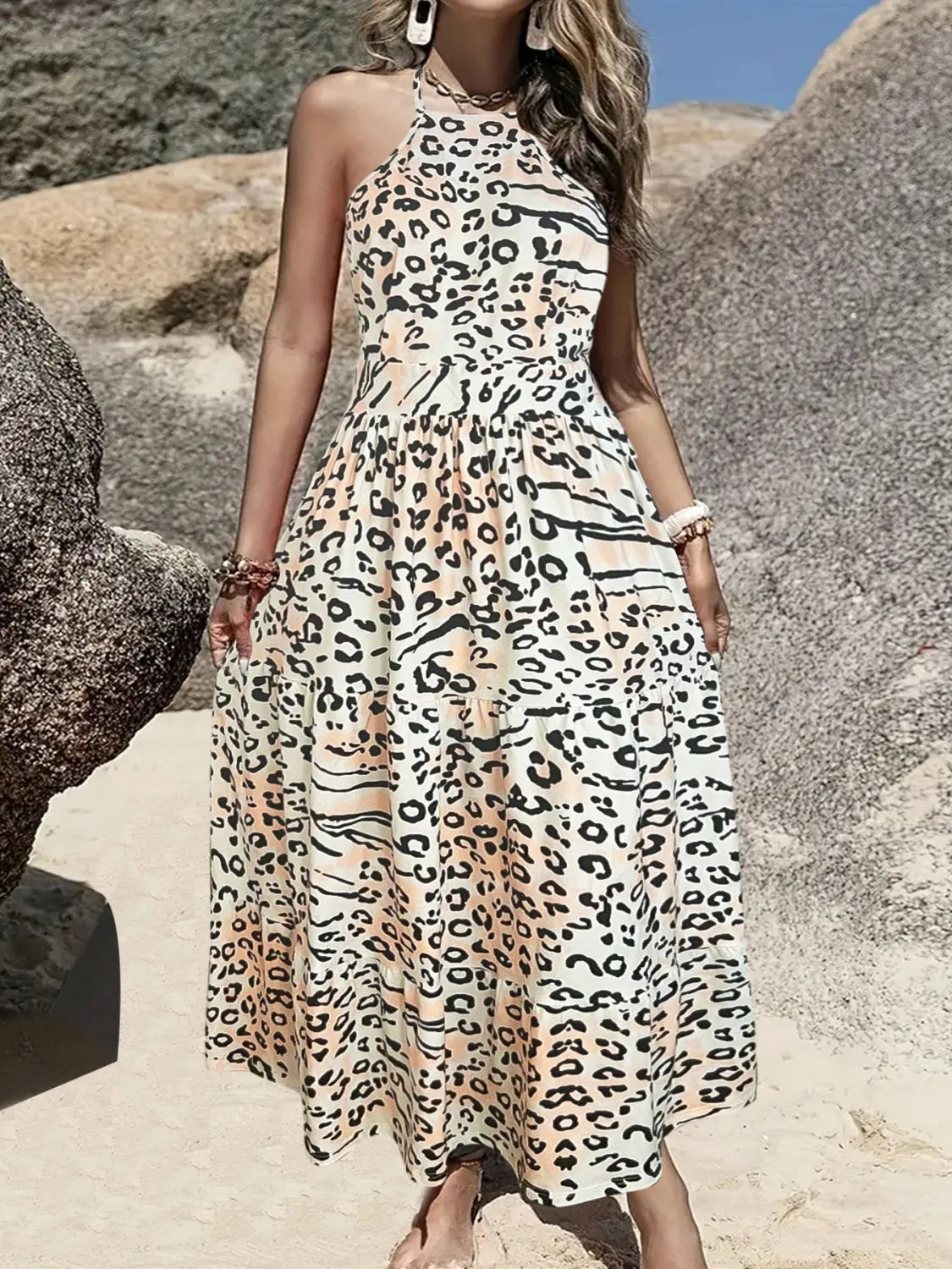 Tiered Halter Dress in Leopard
