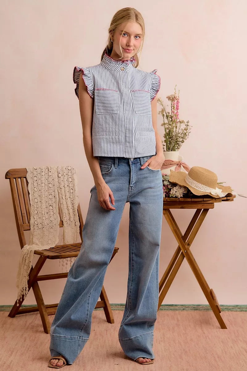 So Me Striped Ruffled Vest Top in Blue and Red in Blue/Red